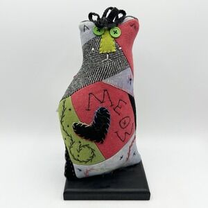 Alive Berg Custom Art Plush Cat Handmade Patchwork Fabric Cloth w/Wood Base Meow